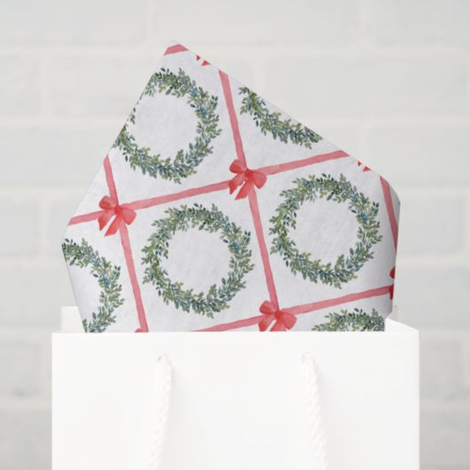 Papier Mousseline Christmas Red Bow and Boxwood Wreath tissue paper (Sac cadeau)