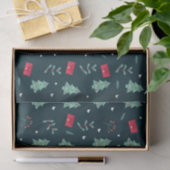 Papier Mousseline Christmas Trees et Holly Modern Pattern Dark Blue (Cadeau)
