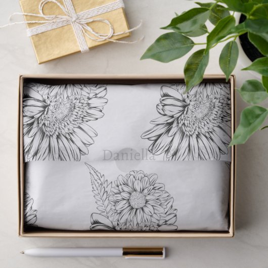 Papier Mousseline Chrysanthemum Black Line Drawing with Your Name  (Cadeau)