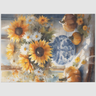 Papier Mousseline Chute Citrouille Tournesol Floral Bleu Blanc Décou
