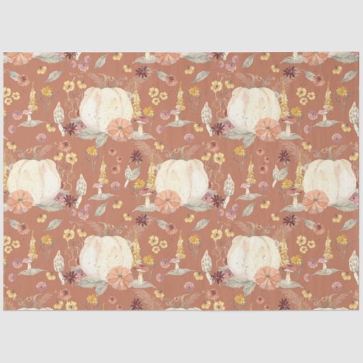 Papier Mousseline Chute Floral Blanc Citrouille Champignons rouille (Recto)