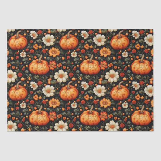Papier Mousseline Chute Orange Citrouilles Et Florales (Recto)