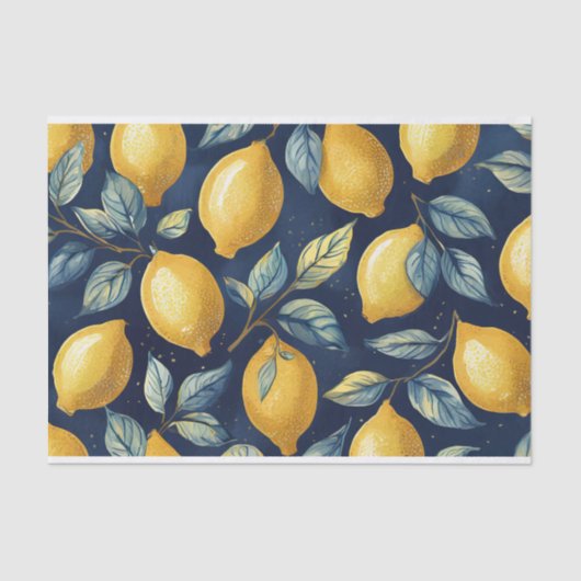 Papier Mousseline Citrons et Feuille Bleu Jaune Motif Découpage (Recto)