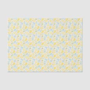 Papier Mousseline Citrons jaunes & Fleurs bleues pastel Motif