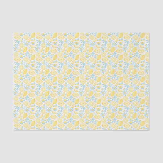 Papier Mousseline Citrons jaunes & Fleurs bleues pastel Motif (Recto)