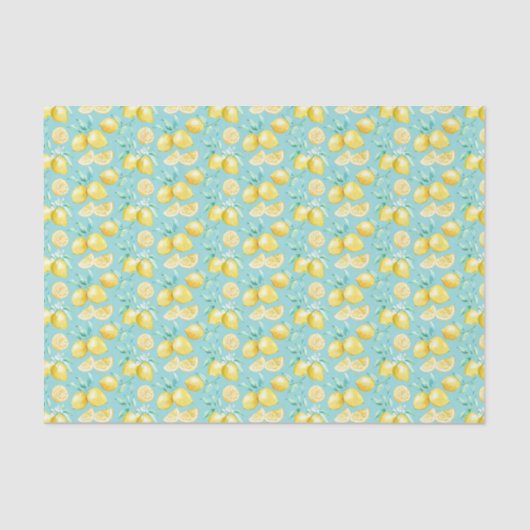 Papier Mousseline Citrons jaunes sur bleu clair (Recto)