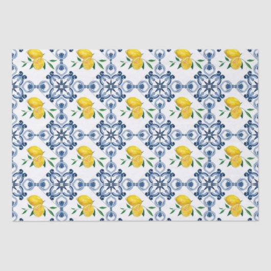 Papier Mousseline Citrons & Motif bleu carrelage marocain (Recto)