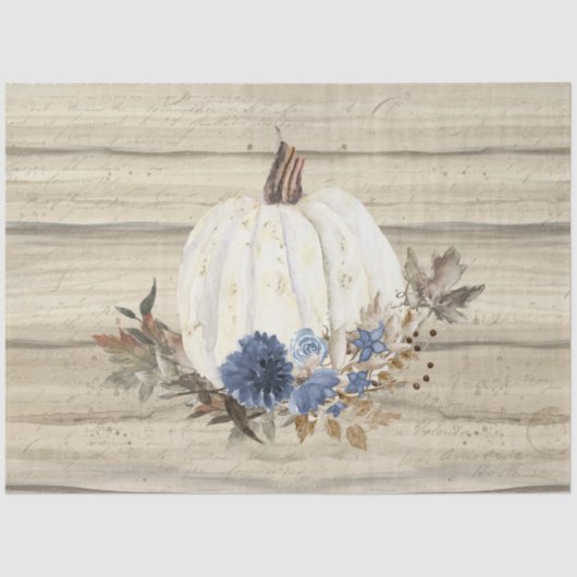 Papier Mousseline Citrouille Automne Marine Bleu Floral Script Bois (Recto)