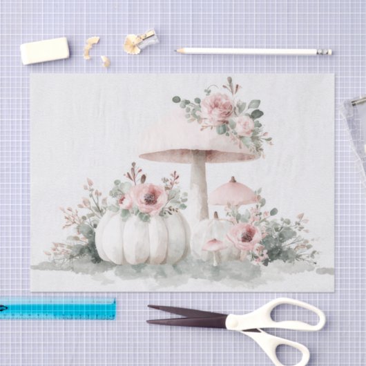 Papier Mousseline Citrouilles d'automne, champignons et fleurs Décou (Artisanat)