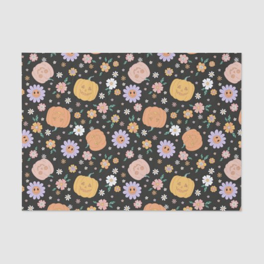 Papier Mousseline Citrouilles d'Halloween rétro et Motif de fleurs (Recto)