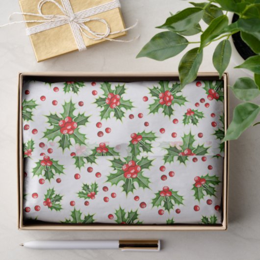 Papier Mousseline Classic Holiday Holly Tree Feuilles Berries Motif (Cadeau)