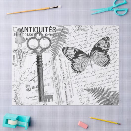 Papier Mousseline Clé Papillon noir blanc Découpage (Artisanat)