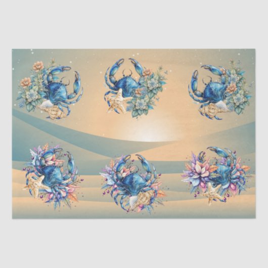 Papier Mousseline Coastal Beach Floral Blue Crab & Shells Decoupage  (Recto)