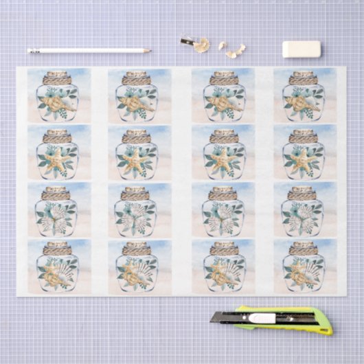 Papier Mousseline Coastal Floral Seashells in a Jar Decoupage  (Artisanat)