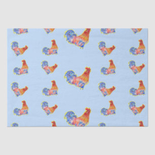 Papier Mousseline Cockerel Rooster Rouge Drôle et Zones Bleues et Bl