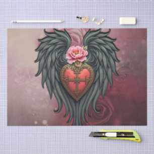 Papier Mousseline Coeur gothique avec Fleur et Ailes.
