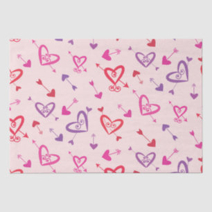 Papier Mousseline Coeurs avec flèches motif rouge rose violet