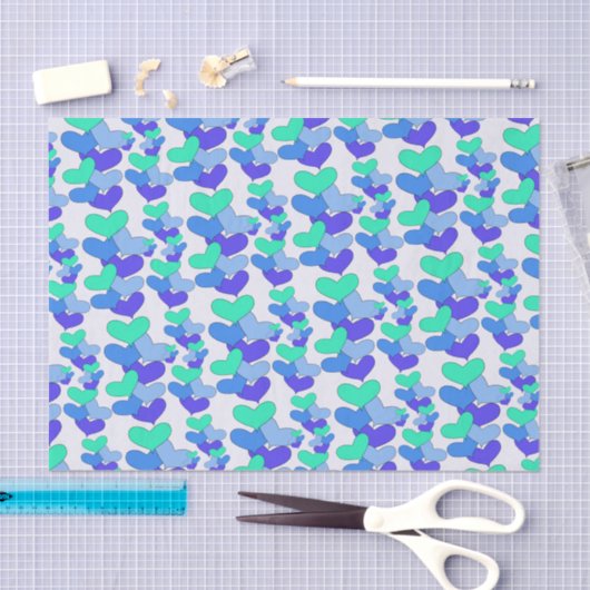 Papier Mousseline Coeurs bleu violet vert (Artisanat)