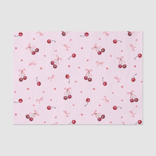 Papier Mousseline Cœurs de cerises rouges mignons et nœuds sur fond (Recto)