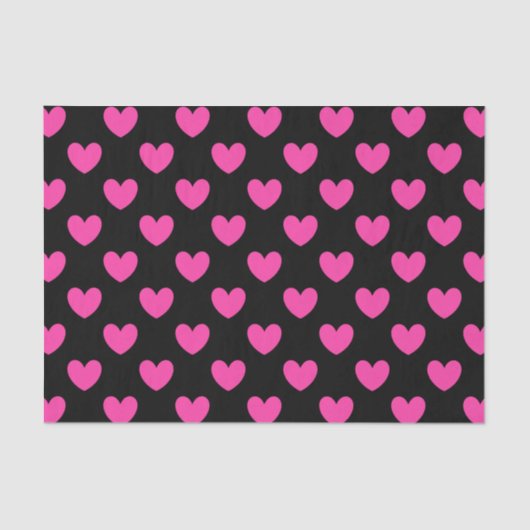Papier Mousseline Coeurs de polka rose Fuchsia sur noir (Recto)