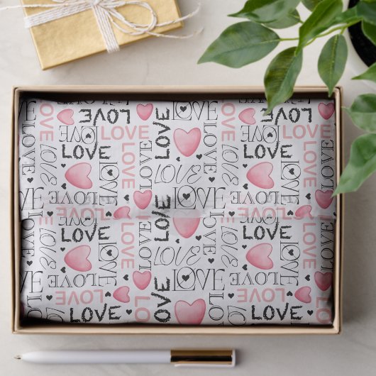 Papier Mousseline Cœurs roses à l'aquarelle Script Saint-Valentin