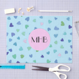 Papier Mousseline Coeurs roses, Coeurs bleus, Motif de Coeurs, Monog
