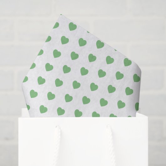 Papier Mousseline Coeurs verts vintages sur blanc (Sac cadeau)