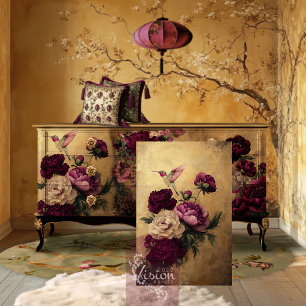 Papier Mousseline Colibri & Fleurs, Fond Bourgogne & Or