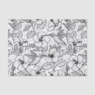 Papier Mousseline Colibris et fleurs d'hibiscus b&w