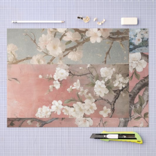 Papier Mousseline Collage Chinoiserie Dusty Pinks & Blues (Artisanat)