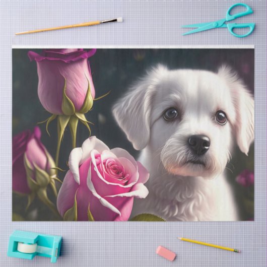 Papier Mousseline Collection Petit Chien Et Rose (Artisanat)