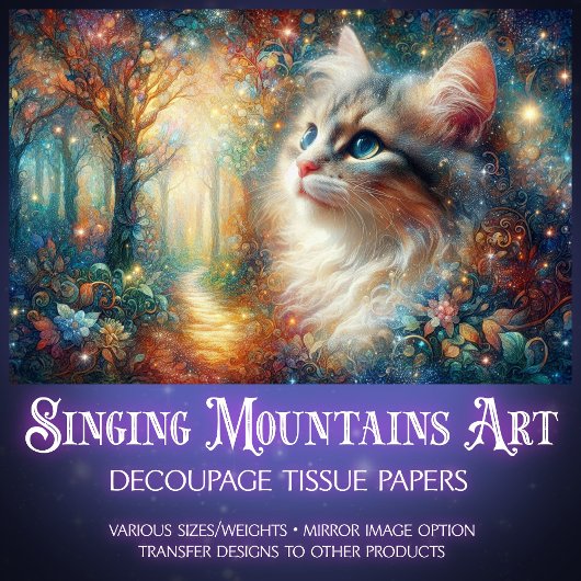 Papier Mousseline Colorful Cat Among Blossoms Artistic Decoupage