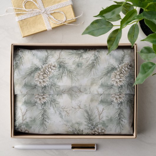 Papier Mousseline Cônes de pin Noël vert (Cadeau)