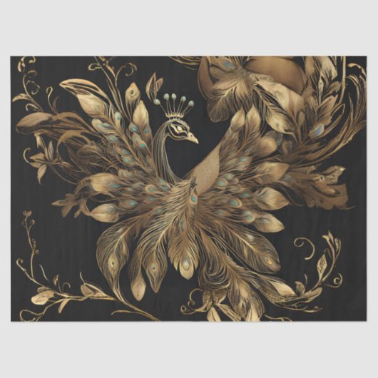Papier Mousseline Coq d'or avec plumes bleues sur noir (Recto)