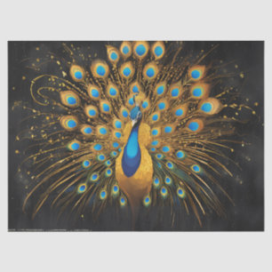 Papier Mousseline Coq d'or avec plumes bleues sur noir