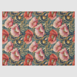 Papier Mousseline Coquelicots roses et rouges dorés, motif tout auto