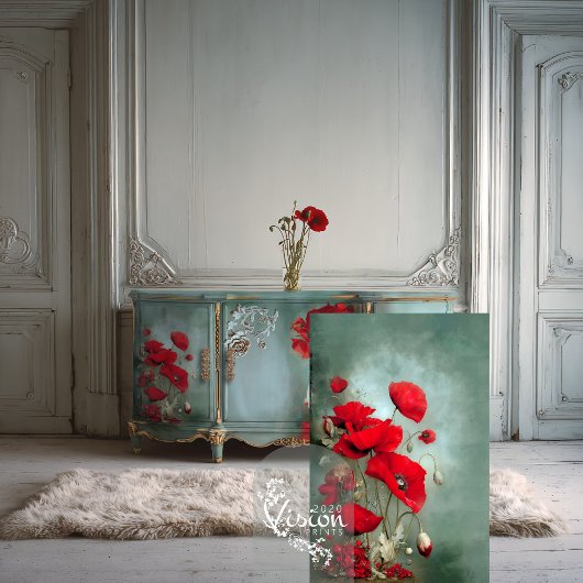 Papier Mousseline Coquelicots Rouge Clair Turquoise Bleu Vert