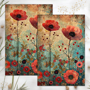 PAPIER MOUSSELINE COQUILLES DE PAVOTS ROUGES DANS UN PRÉ COLLAGE DEC