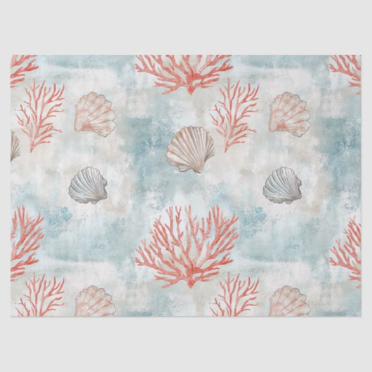 Papier Mousseline Coral Reef Seashells & Aqua Waves Pattern (7) (Recto)