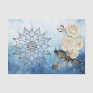 Papier Mousseline Corbeau noir Fleurs blanches Fond bleu