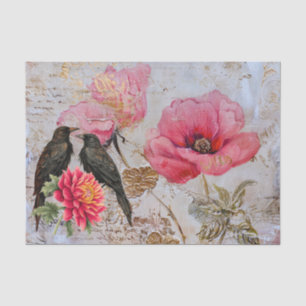 Papier Mousseline Corbeaux noirs et florales roses Decoupage vintage