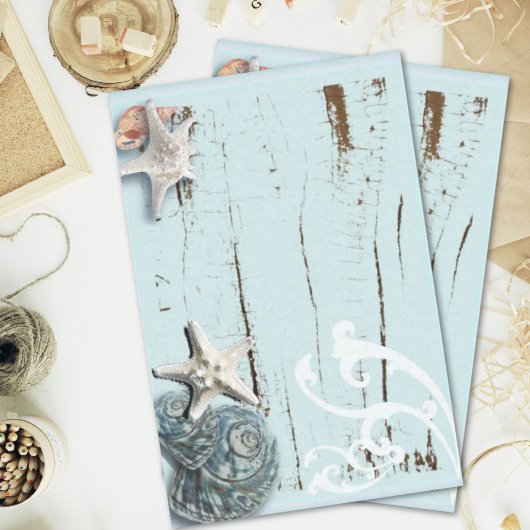 Papier Mousseline Côté aqua bleu plage bois étoile coquillage