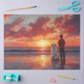 Papier Mousseline Coucher de soleil de chien et de garçon sur la pla (Artisanat)