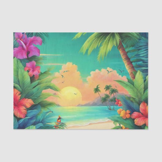 Papier Mousseline Coucher de soleil tropical avec des fleurs d'Hibis (Recto)