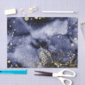 Papier Mousseline Couleur d'eau bleu marine foncée avec fleur d'or 2 (Artisanat)