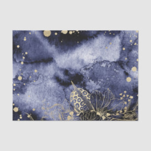 Papier Mousseline Couleur d'eau bleu marine foncée avec fleur d'or 2