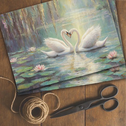 Papier Mousseline Couple de cygne romantique en Lily Pond Découpage