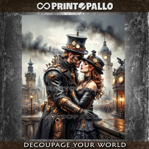 Papier Mousseline Couple steampunk s'embrassant dans Londres victori