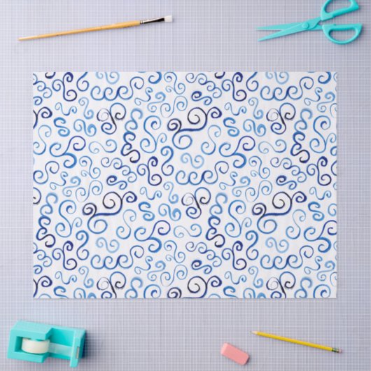 Papier Mousseline Courbes bleues joueuses (Artisanat)