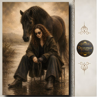Papier Mousseline Cowgirl avec portrait occidental de cheval noir dé